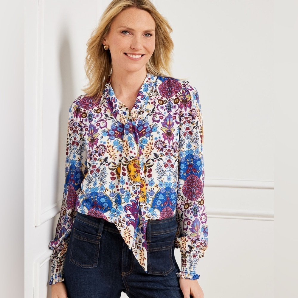 Talbots Tie Neck Top in Floral Medallion